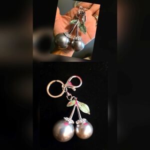 Silver Cherry Bag Charm - Keychain – Pearl-Style Beads & Rhinestone Leaves